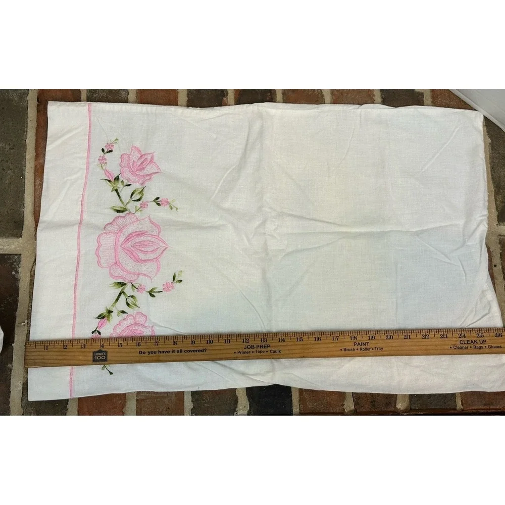 2 Vintage Standard Cotton Pillowcases Hand Embroidered Pink Flowers Rose & Pansy